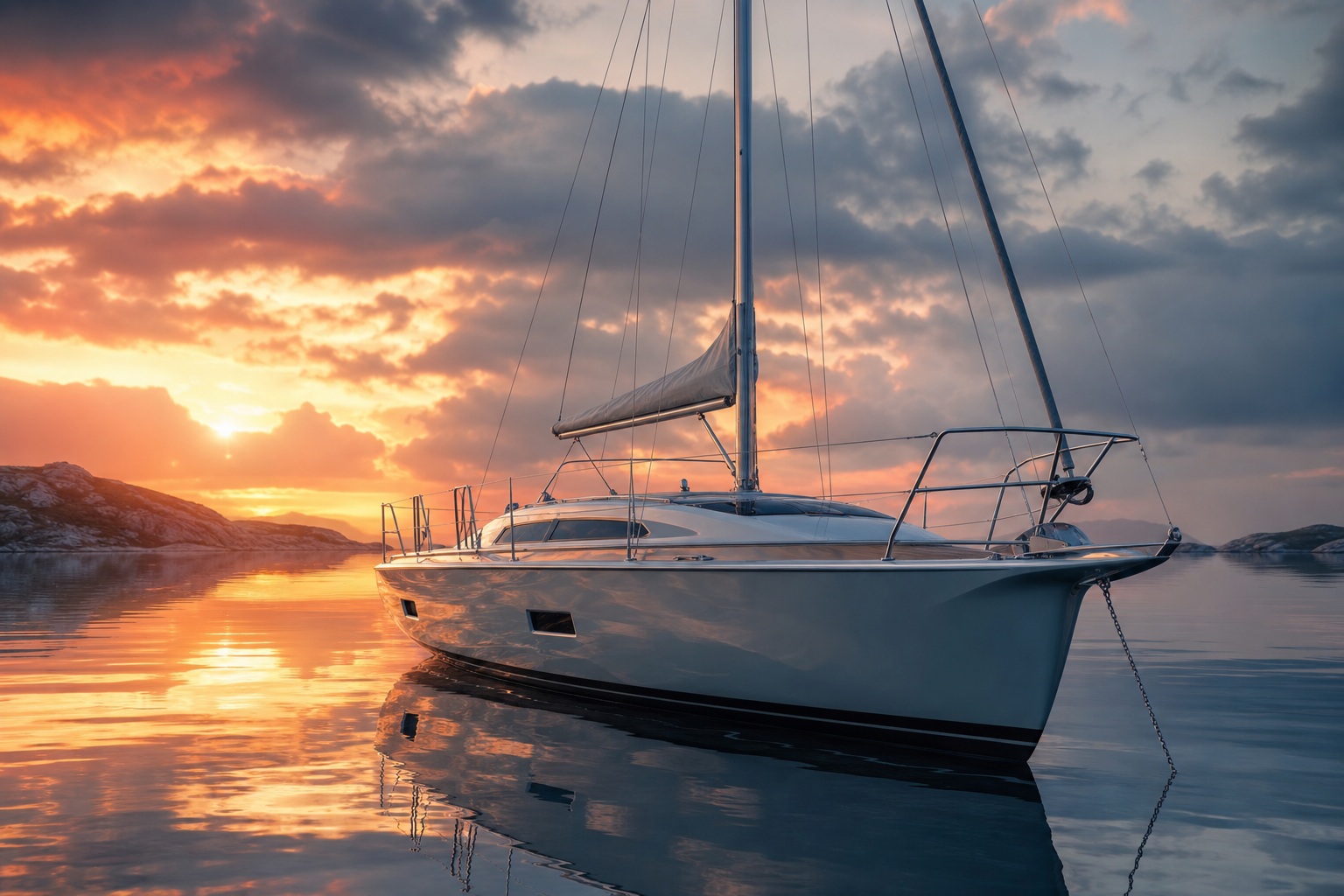 Sailboat floating on calm water under a glowing sunset sky.