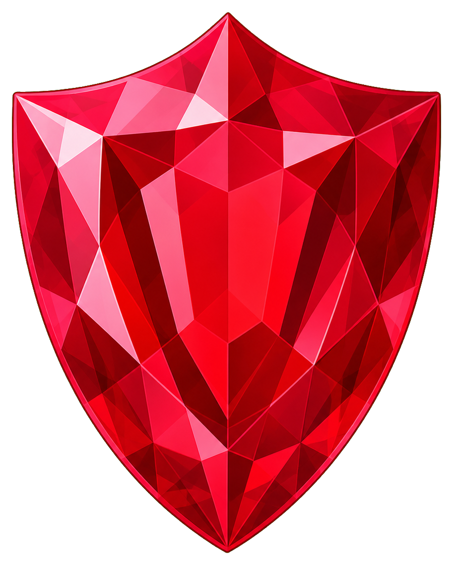 Faceted red shield-shaped gemstone with bright crystal highlights