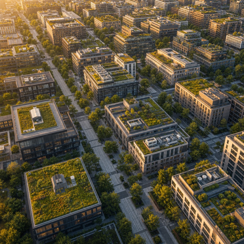 Aerial view of a modern city grid with green roofs at warm sunset
