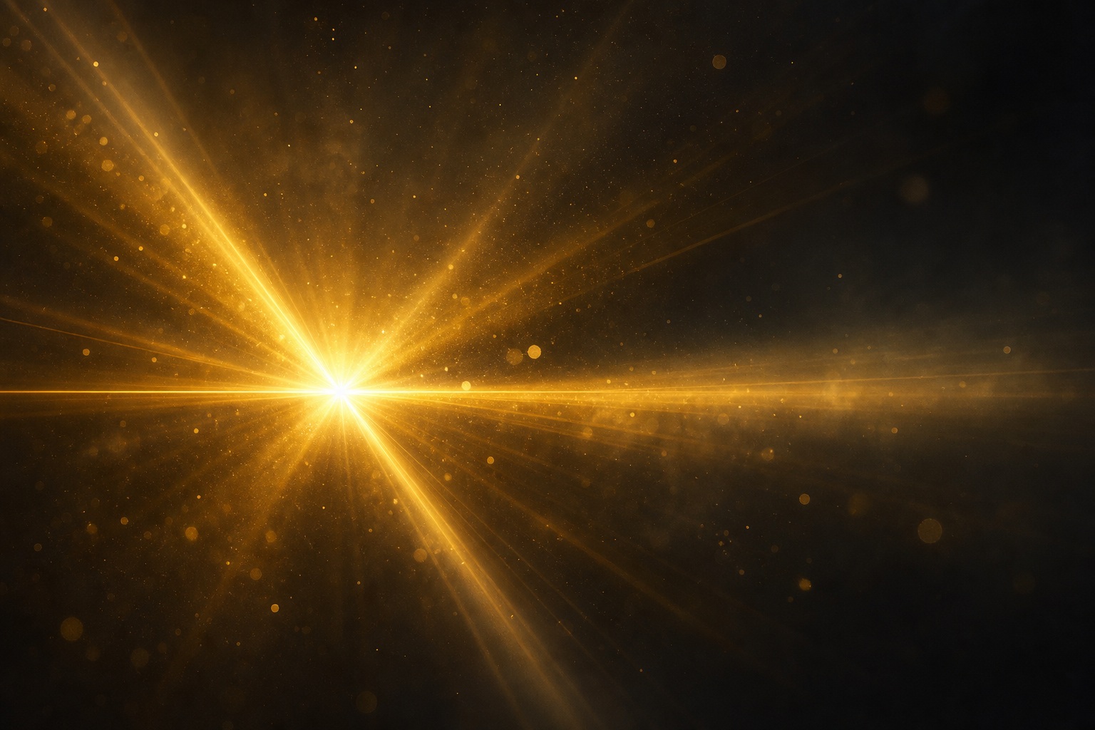 Bright golden light burst with lens flare and glowing particles on a dark background