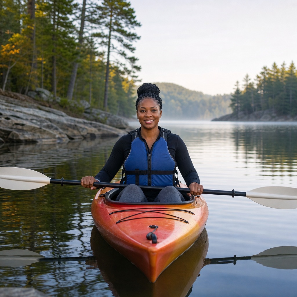 Smiling kayaker in an orange kayak on calm water with forested shoreline behind her.