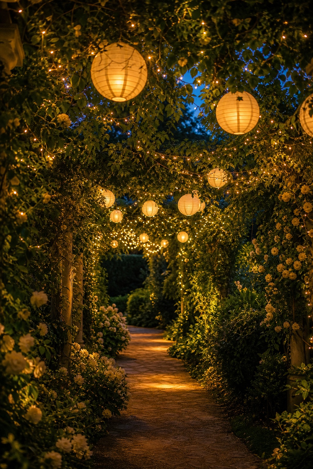 Glowing lanterns hang over a flower-lined garden path at twilight.
