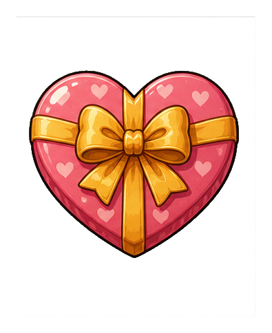 Pink heart-shaped gift wrapped with a gold ribbon and bow