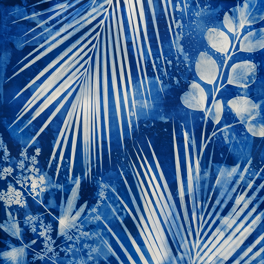 Blue botanical cyanotype background with palm fronds and leafy plant silhouettes