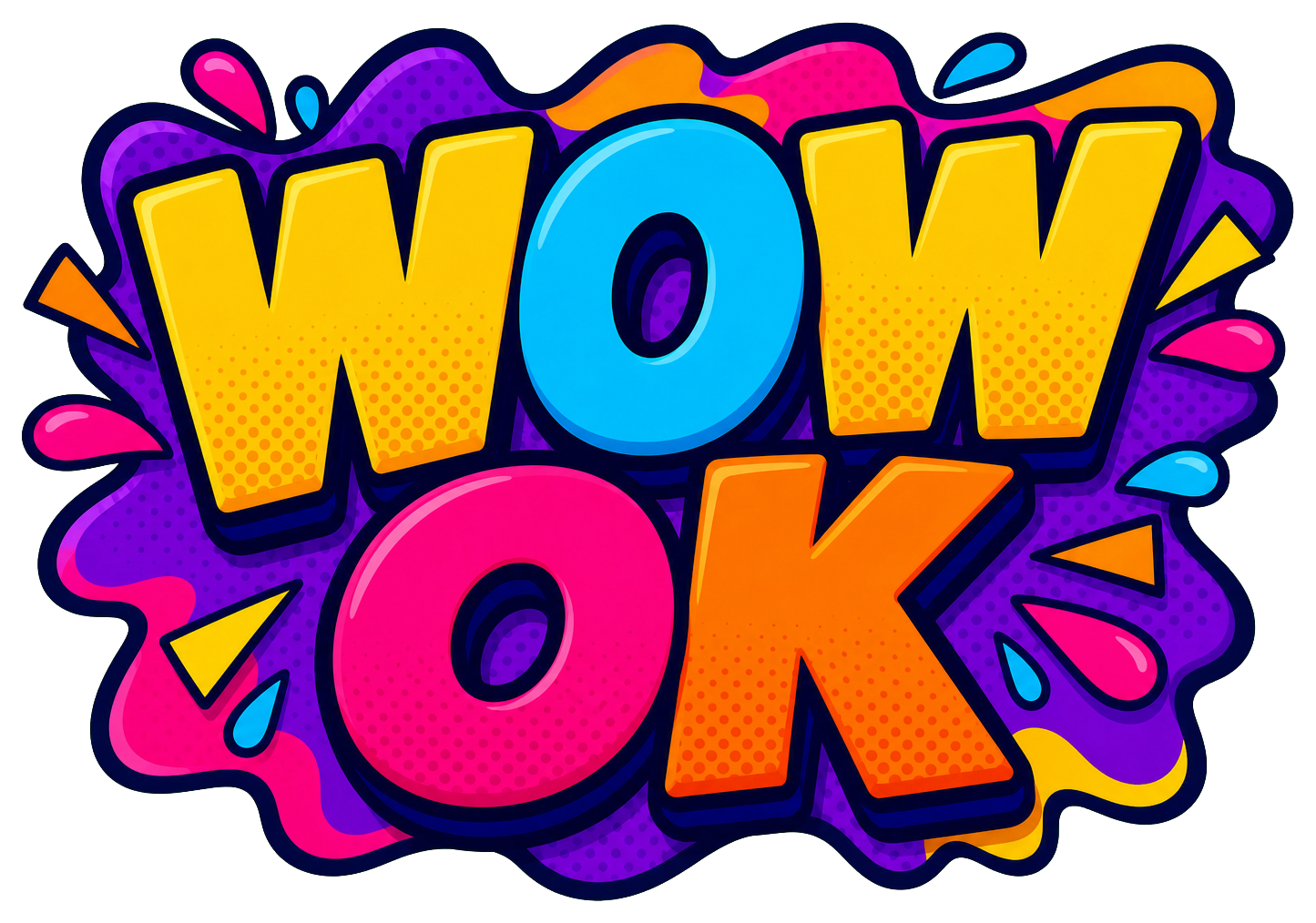 Bright comic-style sticker reading Wow Ok in yellow and orange letters.