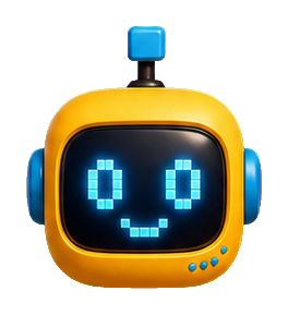 Yellow pixel robot face sticker with blue eyes, smile, and top button