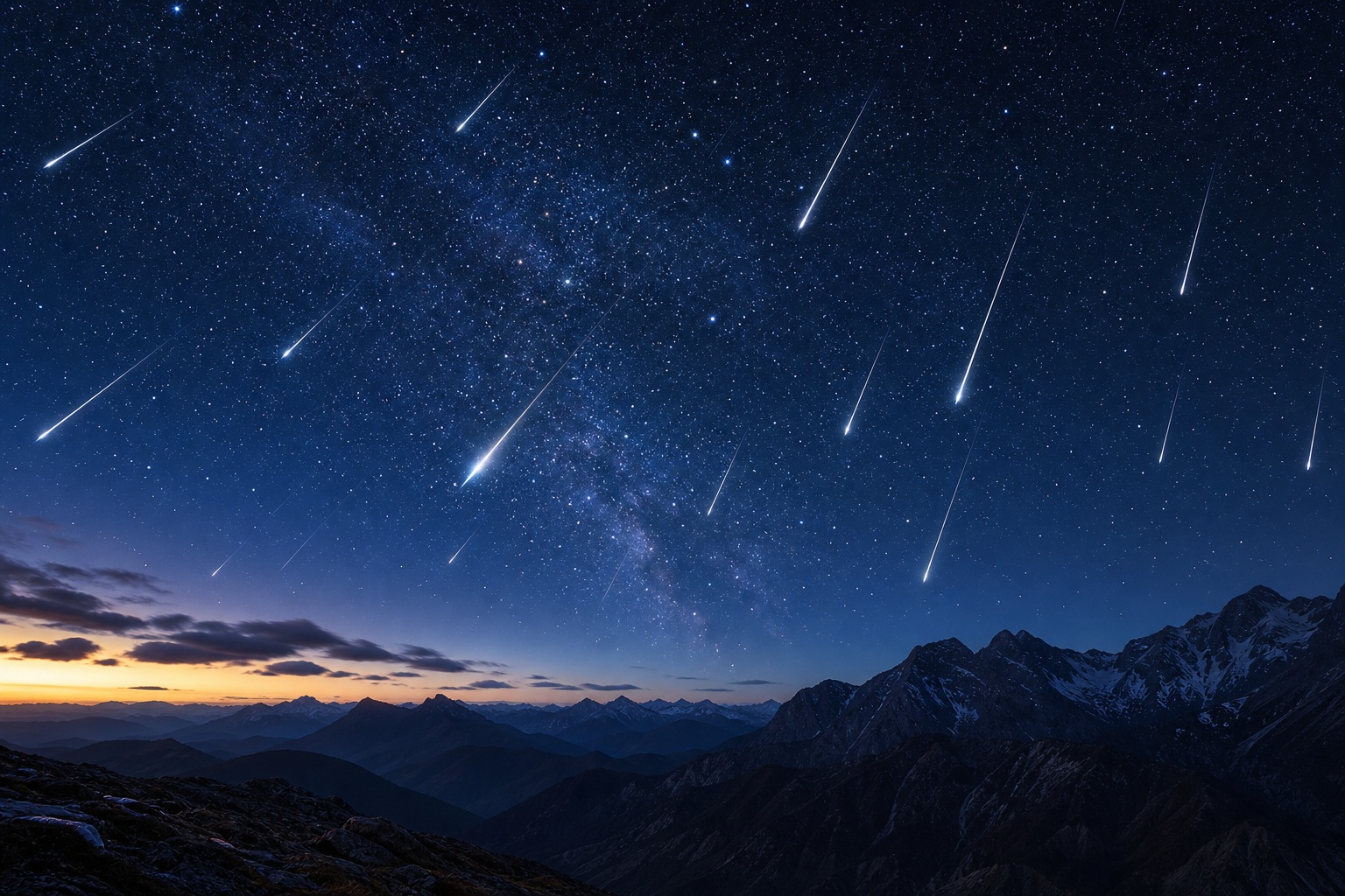 Meteor streaks crossing a starry deep blue night sky above dark mountains