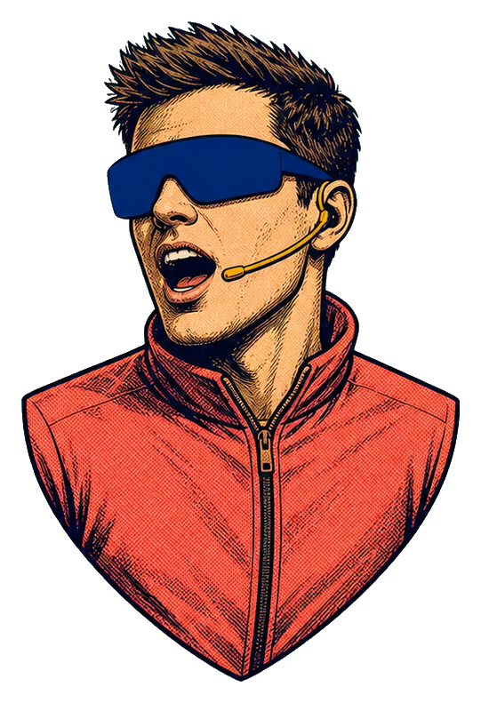 Illustrated hip hop singer wearing blue shades, a headset mic, and a red jacket.