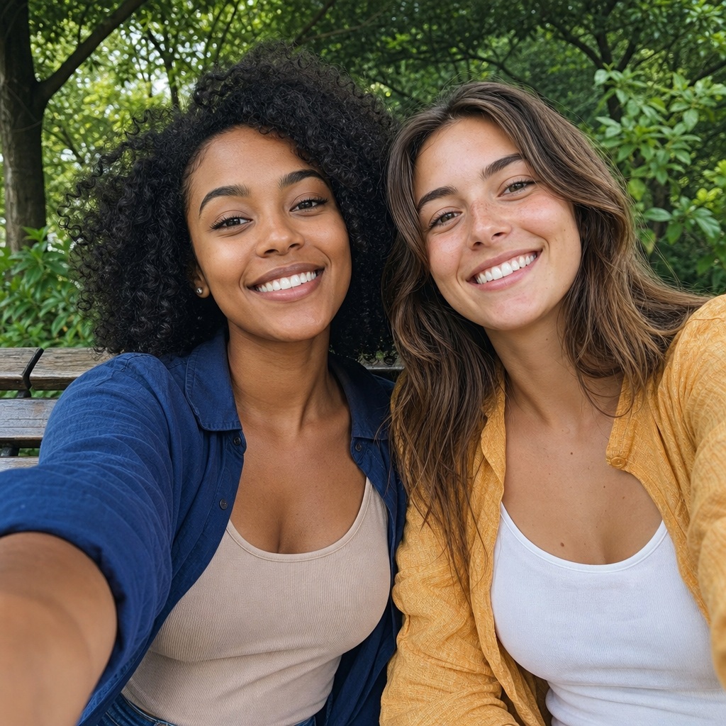 Two smiling women taking a close selfie together in a park.