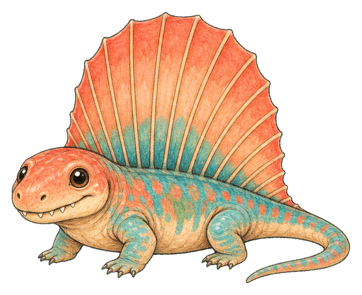 Cute cartoon dimetrodon with a large orange sail and teal body.