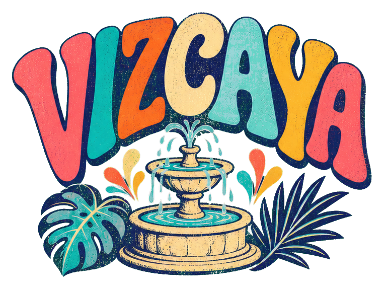 Colorful VIZCAYA text sticker with a fountain and tropical leaves