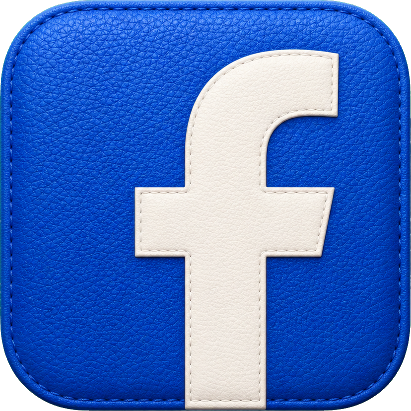 Blue leather-style square icon with a white lowercase Facebook letter f