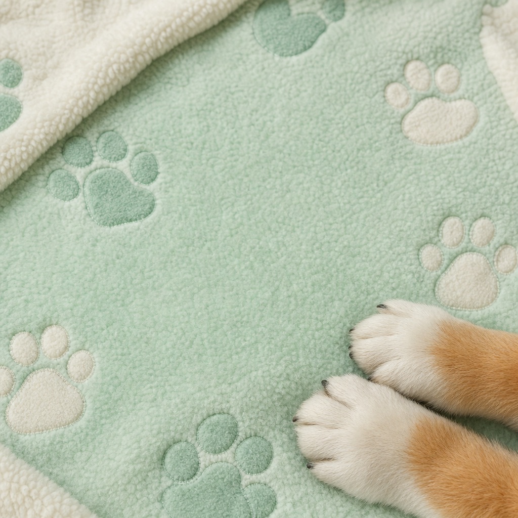 Puppy paws resting on a soft mint blanket with scattered paw prints