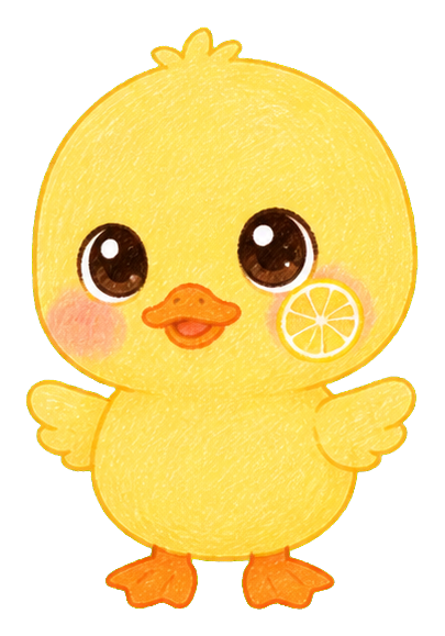 Cute yellow duck character holding a lemon slice with wings and orange feet.