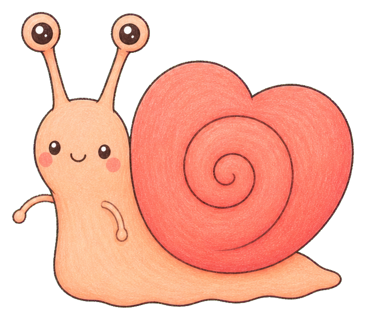 Cute kawaii snail with antennae and a heart-shaped shell on a peach background