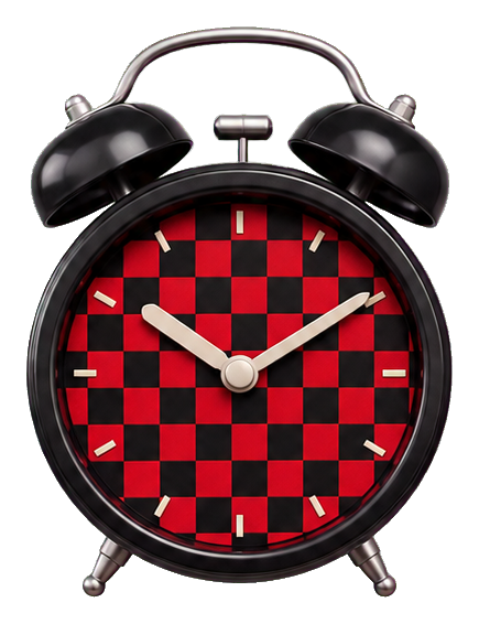 Black alarm clock with a red and black checkerboard face and twin bells