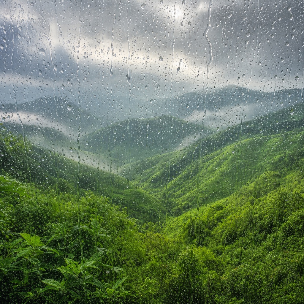 Rain-streaked window framing misty green hills and a cloudy mountain valley