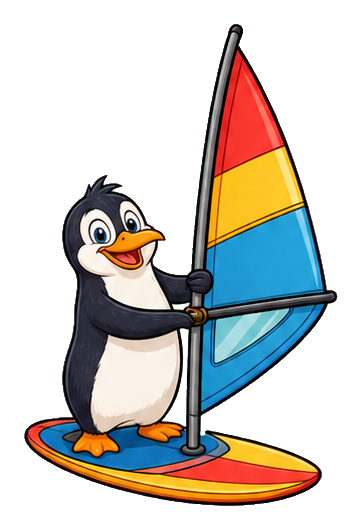 Cartoon penguin standing on a colorful sailboard and holding a sail