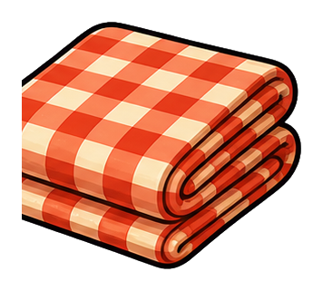 Folded red and white checkered picnic blanket stacked in a compact bundle.