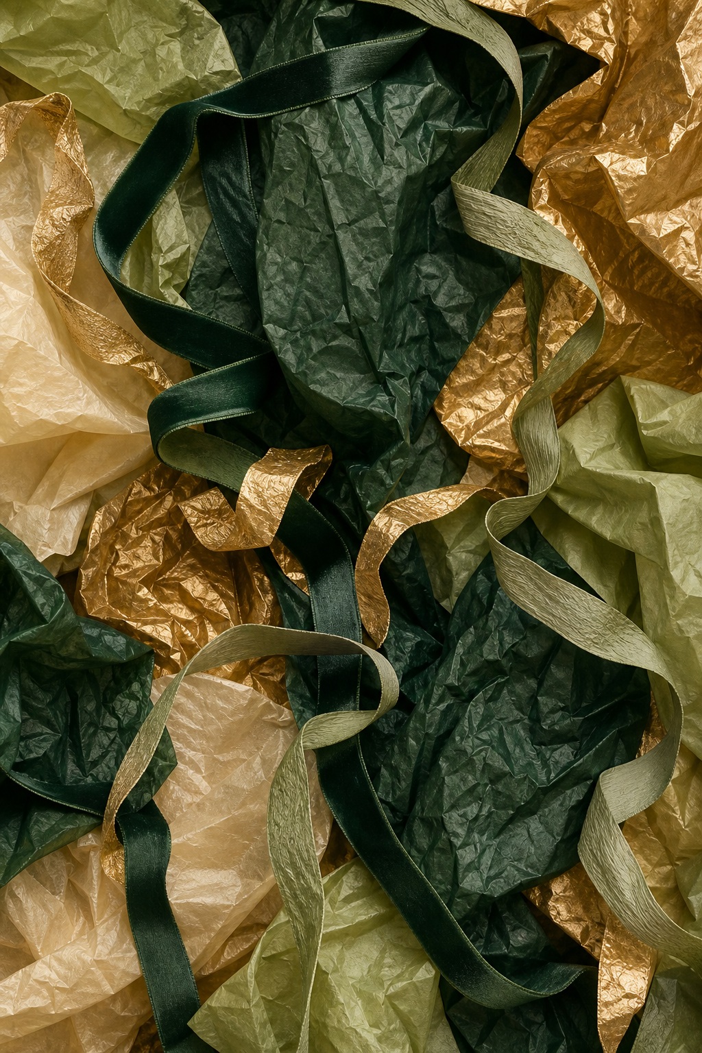 Forest green and gold crinkled paper with flowing ribbon-like folds