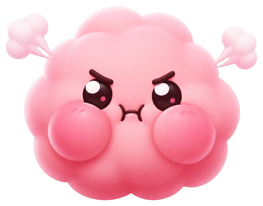 Pink puff face with angry eyes and steam puffs on both sides