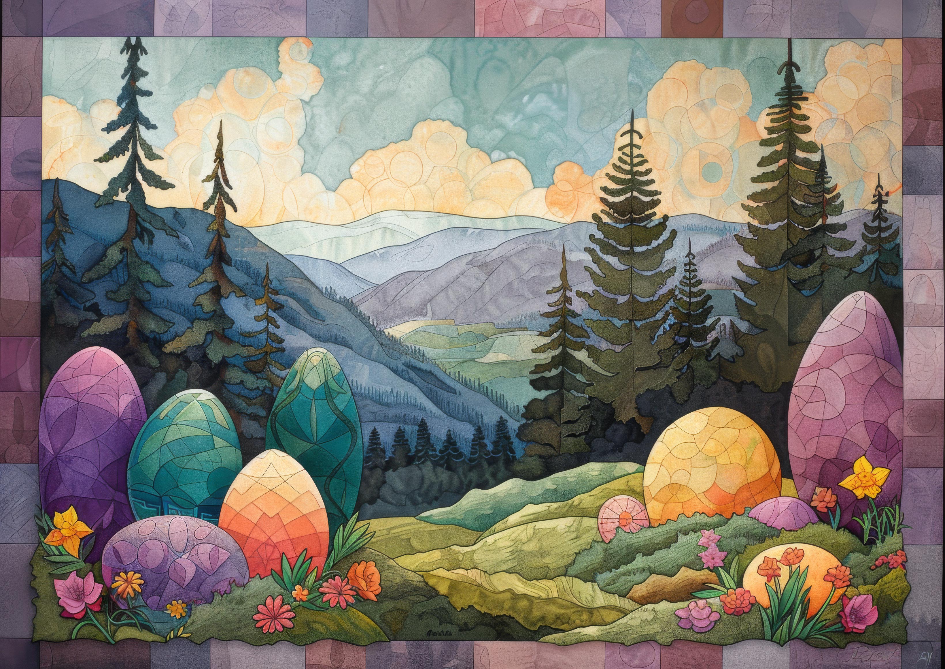 Preview for Stained-glass-easter-eggs-mountain-landscape-background-1181f