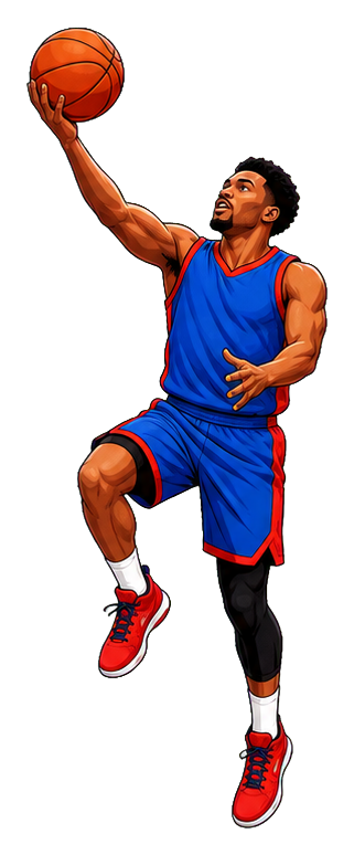 Cartoon basketball player in a blue uniform jumping for a layup with the ball raised overhead.