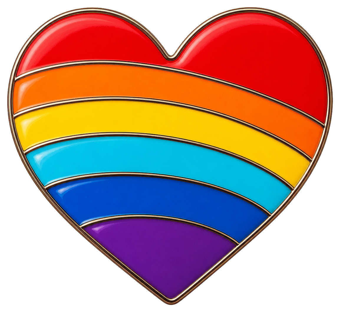 Rainbow enamel heart with horizontal rainbow stripes and a gold outline