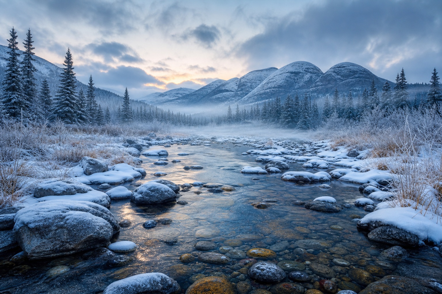 Snowy river flowing through a winter valley with misty mountains and blue dawn light