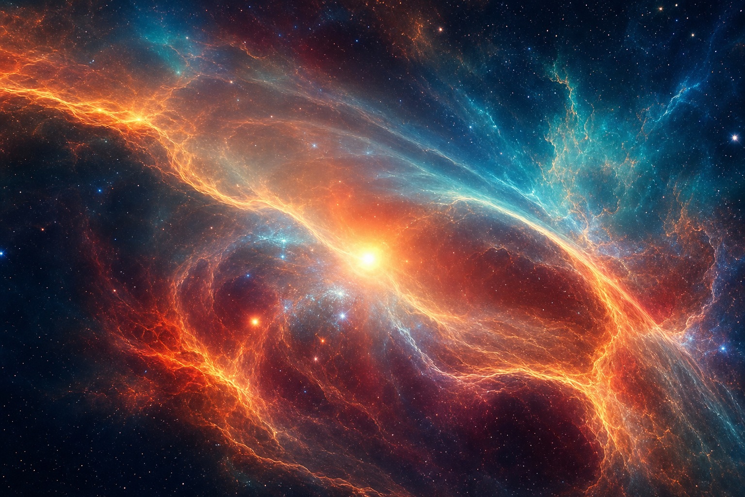 Orange and blue nebula clouds glowing across a starry deep space sky