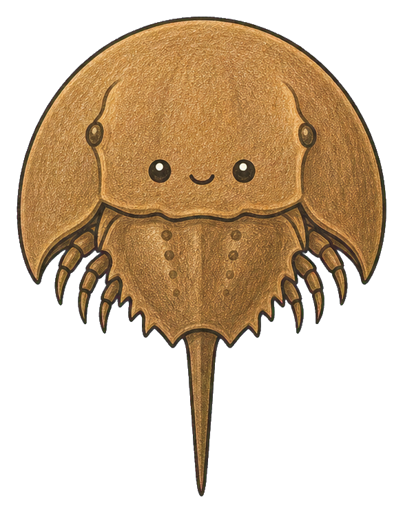 Cute brown horseshoe crab sticker with a smiling face and long tail.
