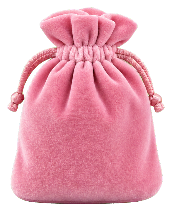 Pink velvet drawstring jewelry pouch with gathered top and tied cords