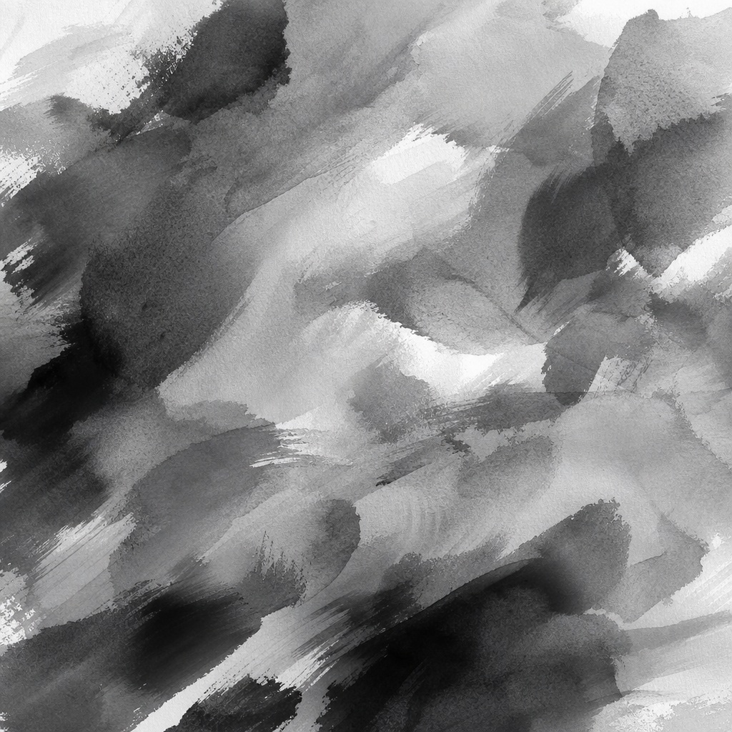 Layered black, white, and grey ink wash brush textures in an abstract pattern