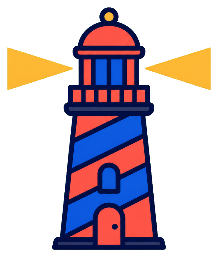 Colorful lighthouse beacon graphic with red and blue stripes and yellow light beams