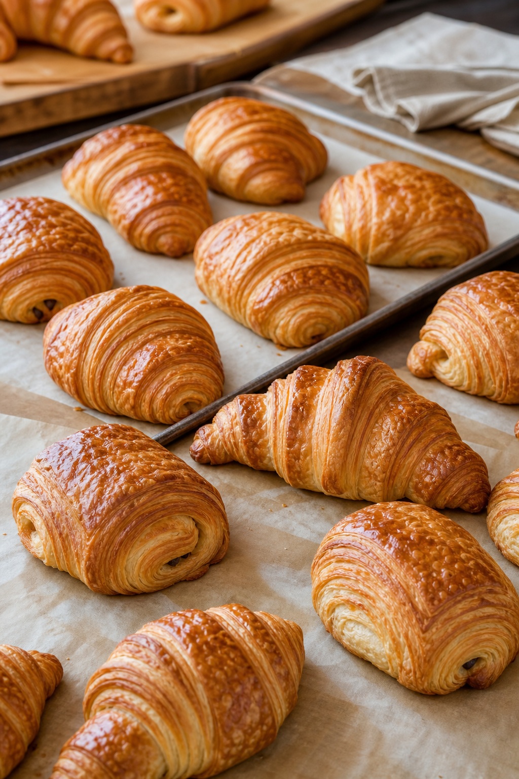 Assorted golden laminated pastries arranged on parchment-lined trays in daylight.