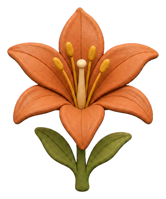 Orange terracotta-style lily flower with green stem and leaves