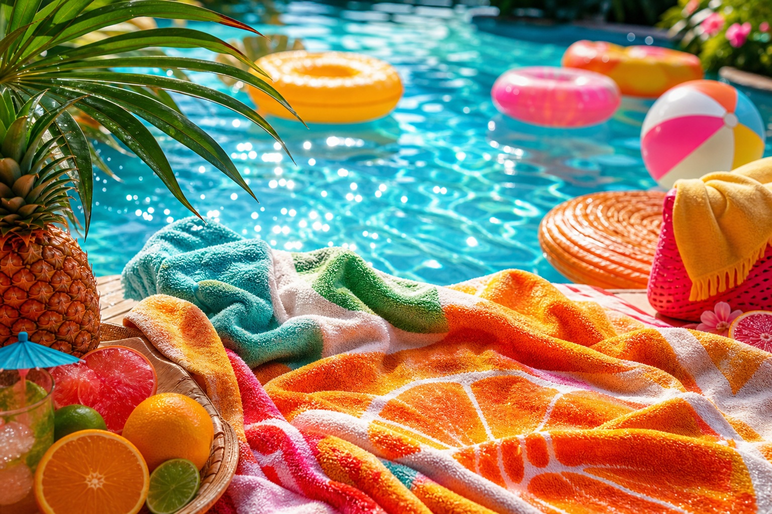 Bright poolside scene with towels, citrus fruit, and colorful float rings