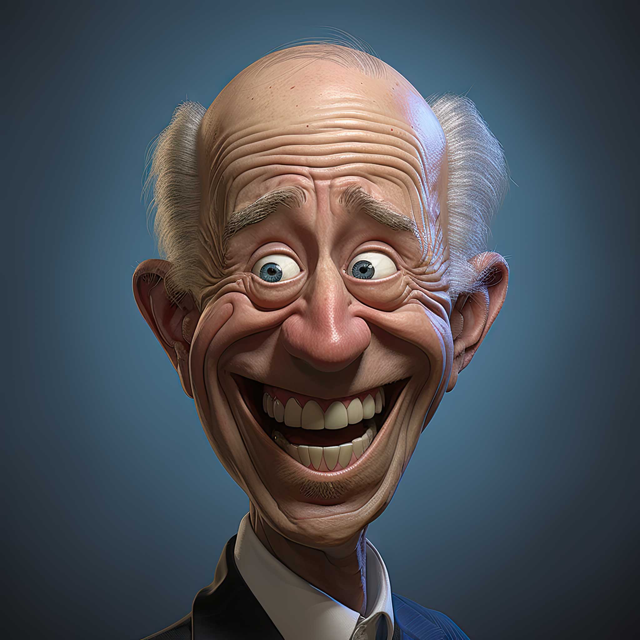 Exaggerated cartoon portrait of an elderly man with a wide grin and large eyes.