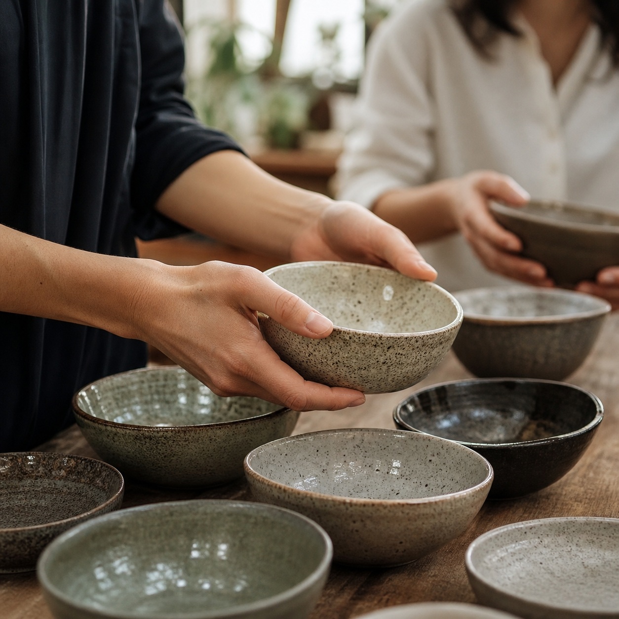 Hands arranging handmade ceramic bowls on a wooden table with a blurred person in the background