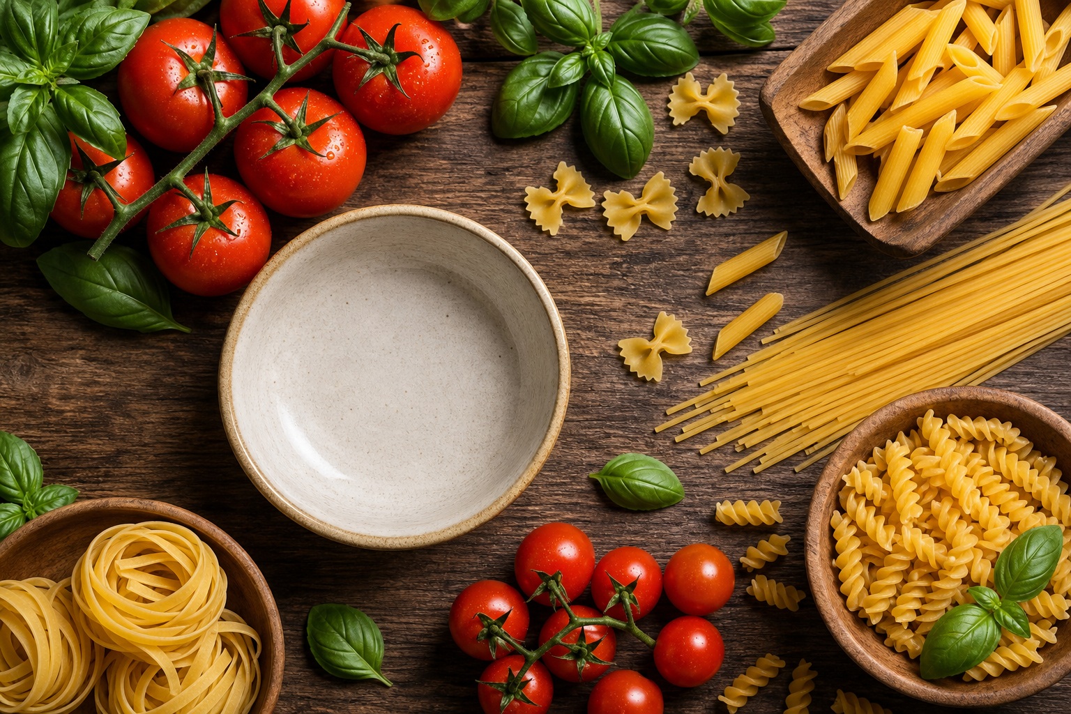Flat lay of pasta ingredients, tomatoes, herbs, garlic, and uncooked pasta on a dark wooden table.