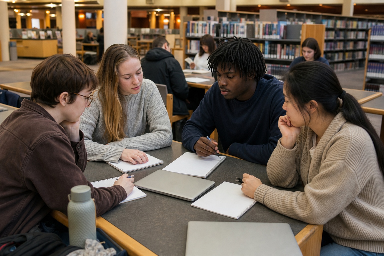 Four students gathered around a table in a library working together with papers and notebooks.