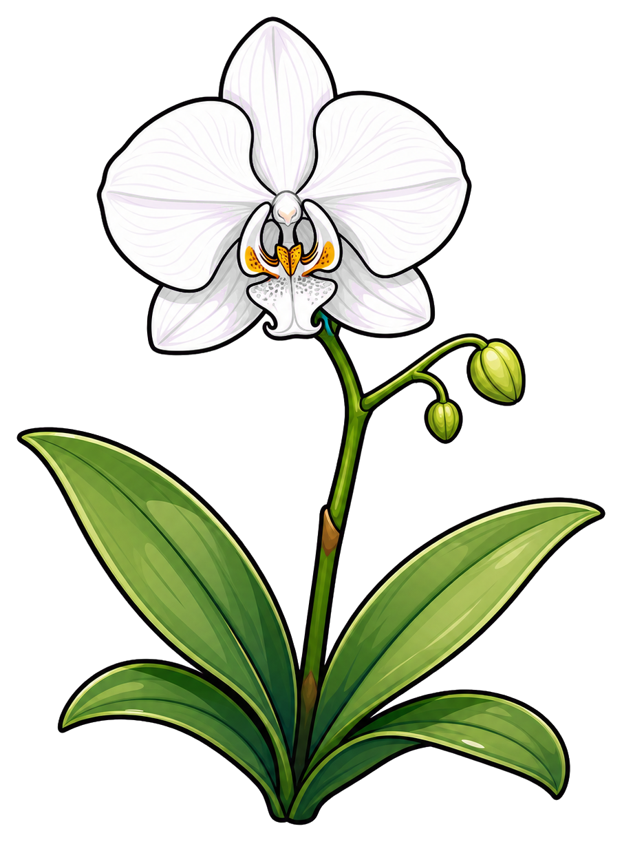 White orchid stem with green leaves and a small bud on a black background