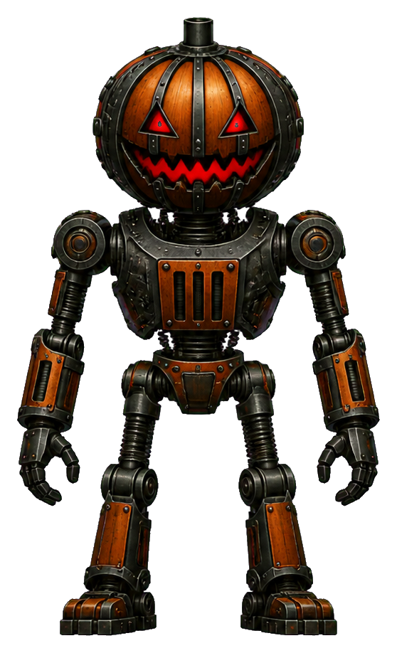 A pumpkin-headed robot with glowing eyes, orange panels, and mechanical limbs.