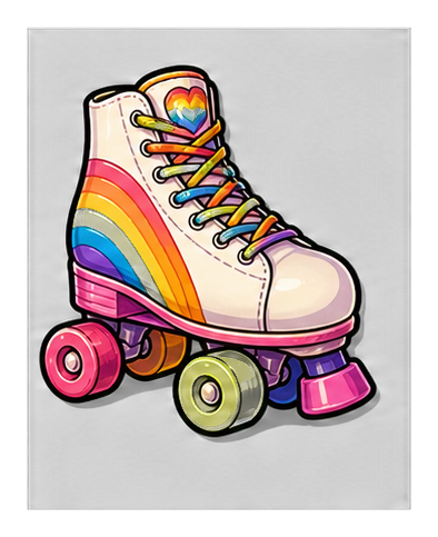 Colorful roller skate with rainbow stripes and bright wheels on a black background