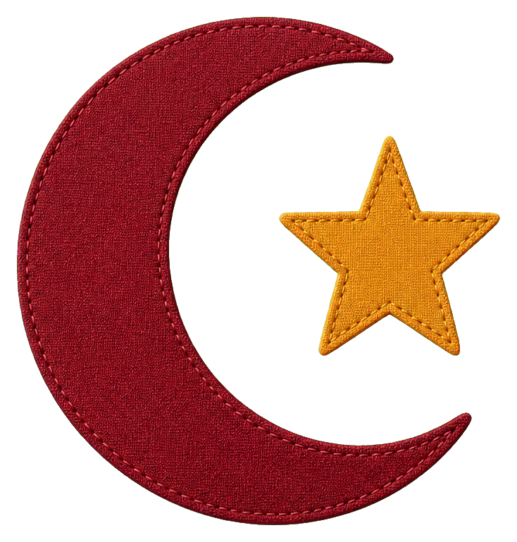 Red crescent moon with a gold star patchwork sticker on a transparent background.