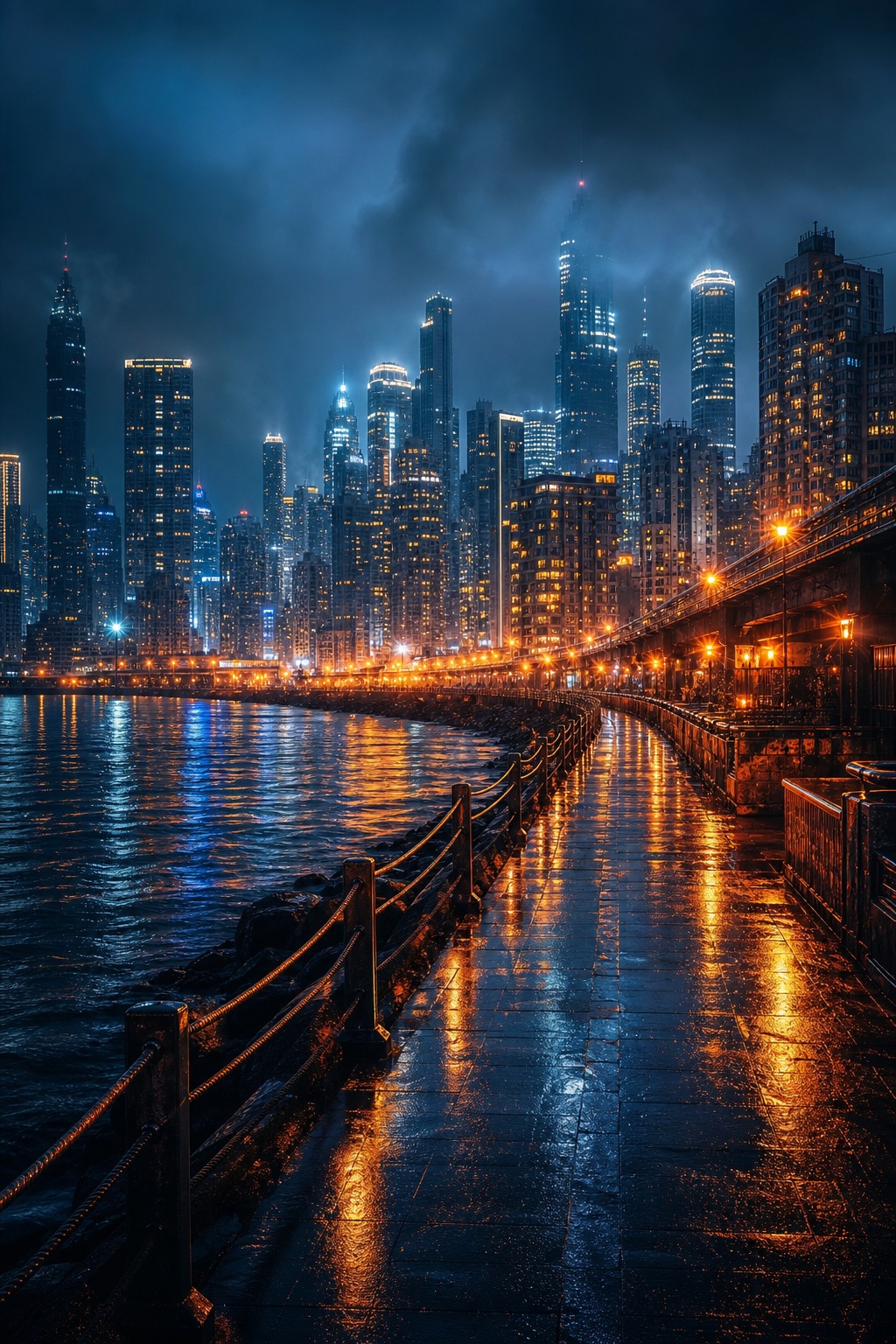 Glowing city skyline beside water with bridge lights reflecting at night