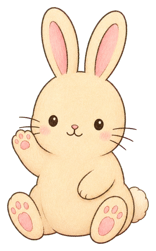 Cute cream rabbit waving with pink ears, paws, and cheeks