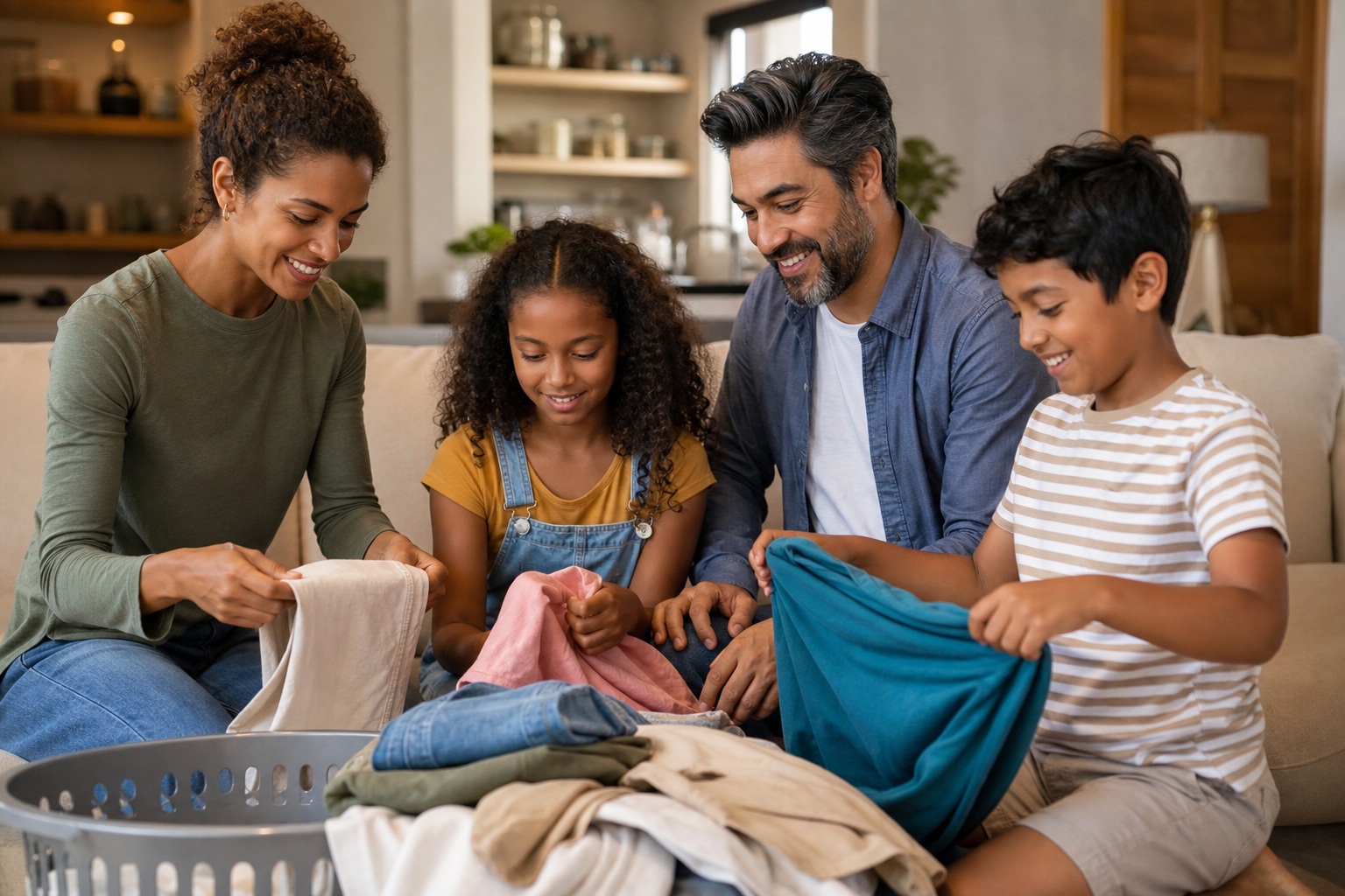 Family folding laundry together at a table in a cozy home interior.