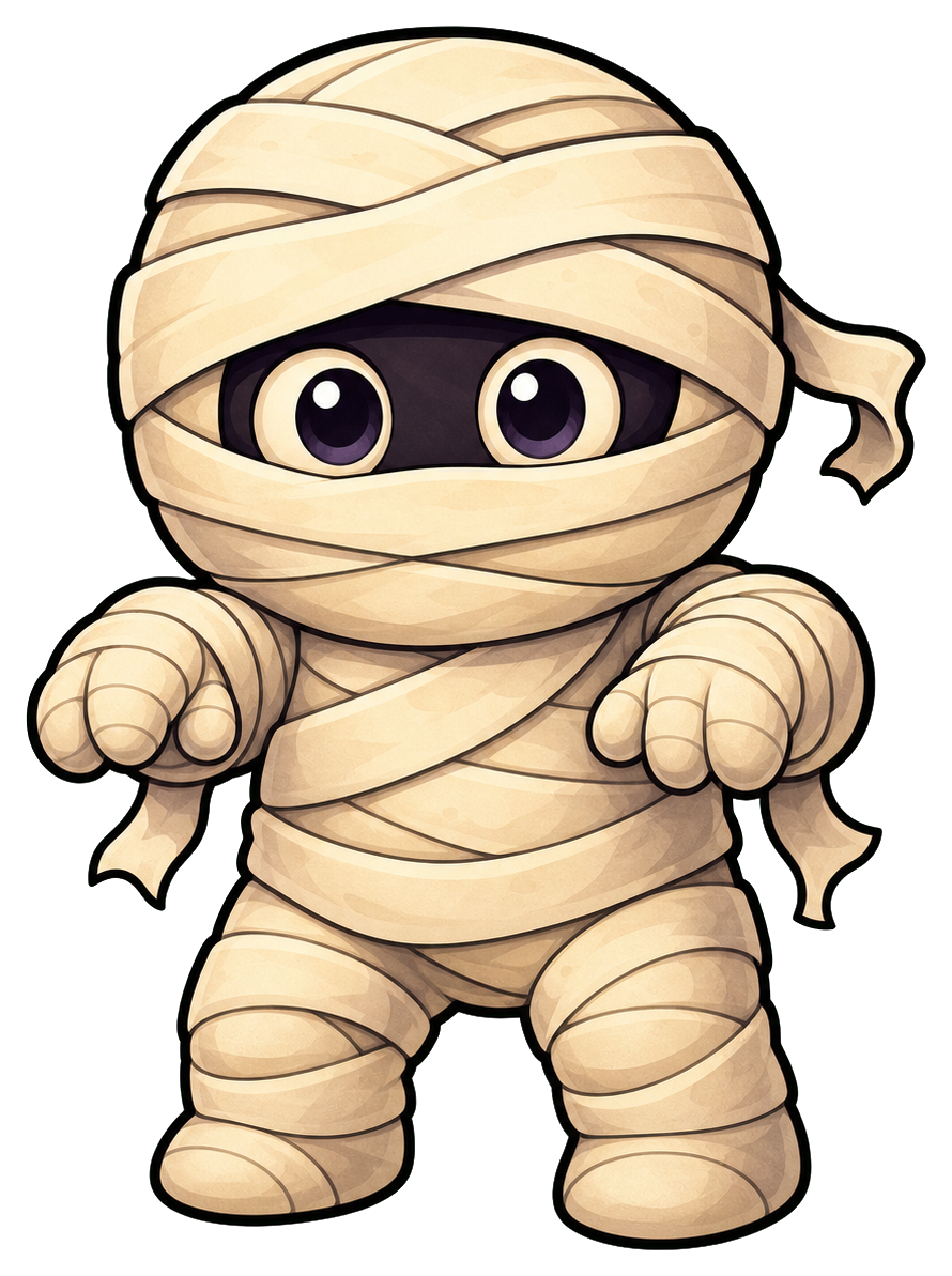 Cute wrapped mummy character with big eyes and outstretched hands