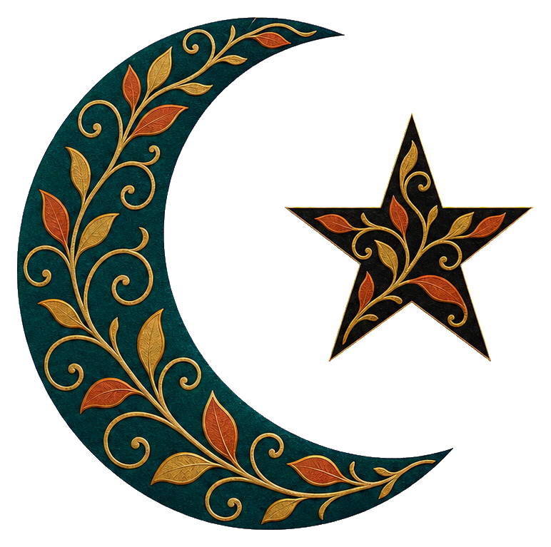Teal crescent moon and star with gold botanical inlay pattern